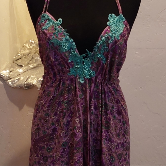 BOHEMIAN GODDESS Purple & Green Floral SILK Maxi Dress - Picture 3 of 7